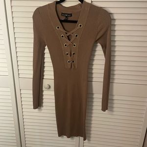Long sleeve brown midi body con dress